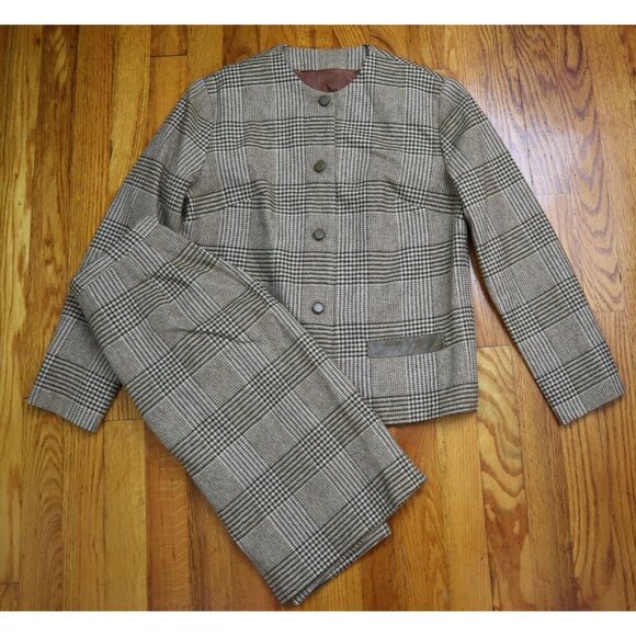 VINTAGE WOMEN'S BROWN PLAID WOOL SKIRT SUIT - GENTRY - SIZE 9 - Picture 1 of 9